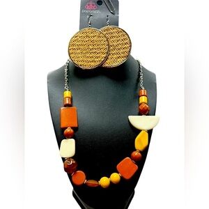 Paparazzi Brown and Cream Necklace with woven Beige Round Earrings, NWT